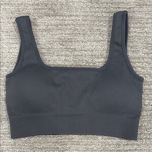 Ribbed Gray Sports Bra with Wide Straps and Square Scoop Neckline